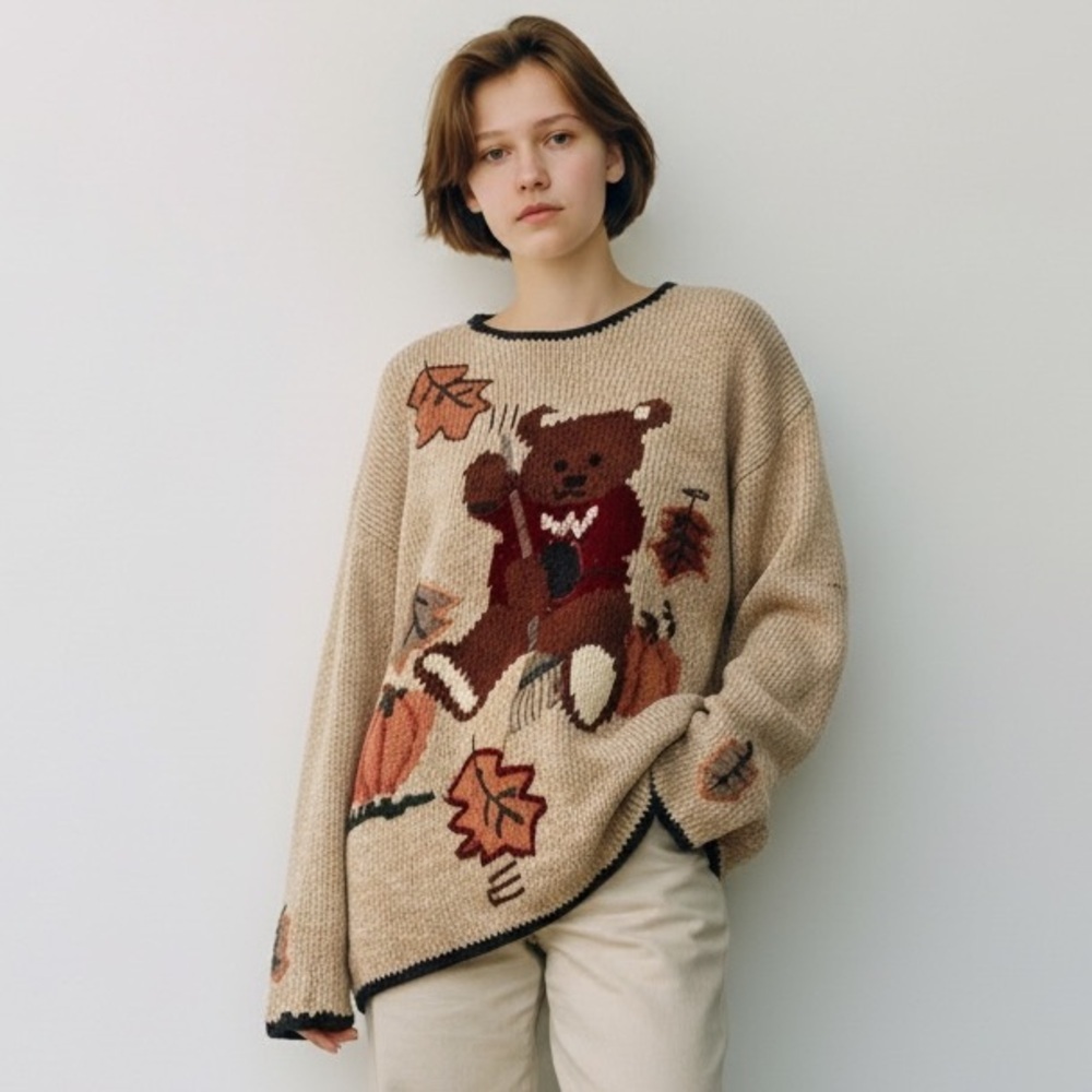 Vintage White Stag Cozy Bear Raking Leaves Oversized Sweater